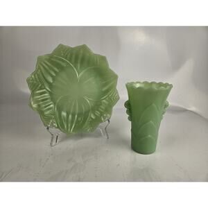 Set Of 2 Vintage Rare Jadeite - Lotus Candy Dish 8.25" & Flower Cup 5.25"